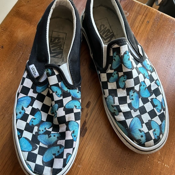 Vans Slip-On Shoes - Black and Blue Butterfly Checkered - Picture 6 of 15